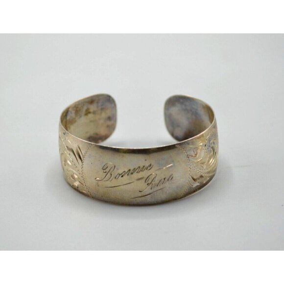 Bonnie Rae Engraved Etched Cuff Bracelet Sterling Silver MIBO 2" Diameter Vtg - Picture 1 of 3